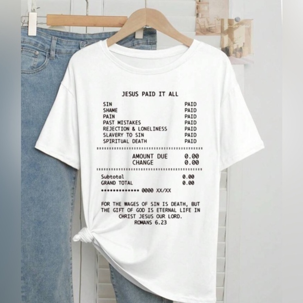 ✨ NWT White Graphic T-Shirt with Inspirational Text Jesus Paid It All - L